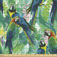 Tropikal Parça Kumaş Papağanlar ile Egzotik Yaprak Çizimleri