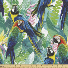 Tropikal Parça Kumaş Papağanlar ile Egzotik Yaprak Çizimleri