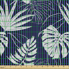 Tropikal Parça Kumaş Mavi Çizgili Fondaki Yapraklar Desenli