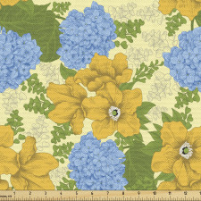 Floral Parça Kumaş Mavi Ortanca Çiçekleri Sarı Bahar Desenli