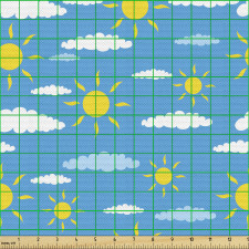 Gökyüzü Parça Kumaş Mavi Fon Üzerindeki Bulut ve Güneş Desenli