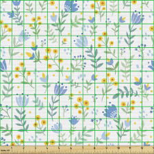 Floral Parça Kumaş Beyaz Fon Üzerindeki Sarı Mavi Çiçekler