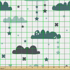 Gökyüzü Parça Kumaş Beyaz Fon Üzerinde Yeşil Bulutlar Desenli