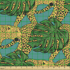 Tropikal Parça Kumaş Dev Yapraklı Ağaçlar ve Leopar Mavi Sarı