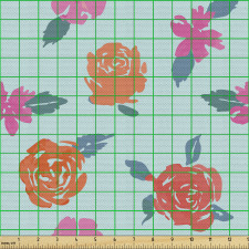 Retro Parça Kumaş Canlı ve Parlak Gül Siluetleri ile Yaprakları