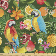 Egzotik Parça Kumaş Tropikal Meyveler ve Papağanlar Desenli