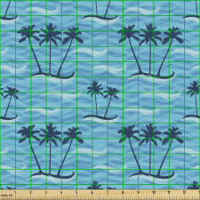 Tropikal Parça Kumaş Palmiye Ağaçları Adası ile Dalgalı Okyanus