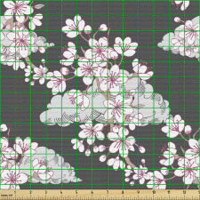 Japonya Parça Kumaş Çiçek Açmış Zarif Ağaç Dalları ile Bulutlar