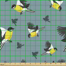 Doğa Parça Kumaş Yeşil Fonda Uçan Sarı Tomtit Kuşu Çizimleri