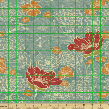 Floral Parça Kumaş Yeşil Arka Planda Kırmızı Çiçekli Motifler