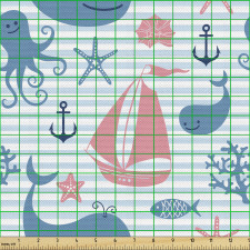 Denizcilik Parça Kumaş Paralel Şeritli Fon Üzerine Su Canlıları