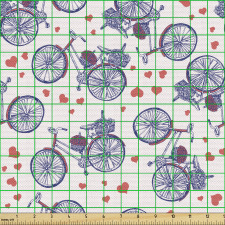 Aşk Parça Kumaş Kalp Figürlü Zeminde Çiçek Sepetli Bisikletler