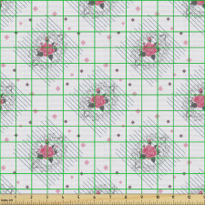 Bitki Parça Kumaş Minik Kareli Çizgili Zeminde Romantik Güller