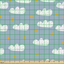 Gece Parça Kumaş Tekrarlı Sarı Yıldız ve Beyaz Bulut Şekilleri