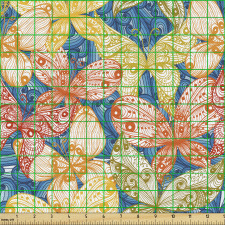 Çiçek Parça Kumaş Mavi Kıvrımlı Fonda Desenli Kelebek Çizimleri