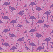 Canlı Mikrofiber Parça Kumaş Botanik Yaprak Silüetli Zemindeki Flamingolar