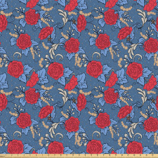 Floral Mikrofiber Parça Kumaş Mavi Benekli Arka Plan Kırmızı Çiçek Desenli