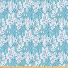 Floral Mikrofiber Parça Kumaş Mavi Fondaki Zarif Bahar Çiçekleri Desenli
