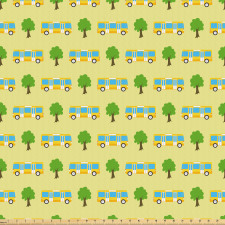 Karikatür Mikrofiber Parça Kumaş Sarı Otobüs Açmış Bahar Ağaçları Deseni