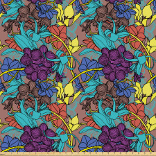 Floral Mikrofiber Parça Kumaş Vintage Mavi Pembe Mor ve Sarı Çiçekler