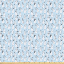 Kış Mikrofiber Parça Kumaş Mavi Fon Üstünde Beyaz Kardan Adam Desenli