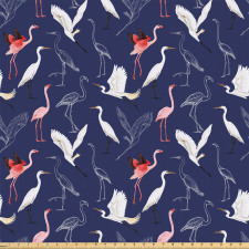 Lacivert Mikrofiber Parça Kumaş Tropik Egzotik Balıkçıl Flamingo Çizimi