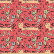 Hayvan Mikrofiber Parça Kumaş Kırmızı Arka Planda Kedi Çizimli Yazılı Afiş