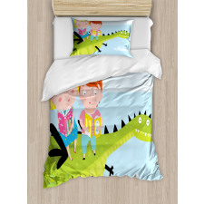 Boy Girl Sitting on Dragon Duvet Cover Set