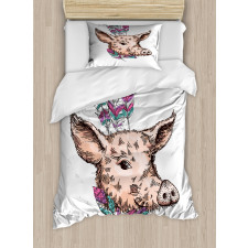 Pig Portrait Feathers Duvet Cover Set