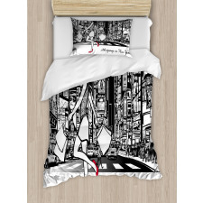 Lady Passing Crowded City Duvet Cover Set