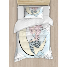 Mermaid Girl on Crescent Duvet Cover Set