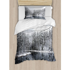 Trees in Cold Day Lake Duvet Cover Set