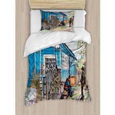 Hand Drawn Humans and House Duvet Cover Set