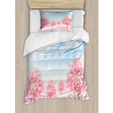 Blooming Sakura Trees Scene Duvet Cover Set