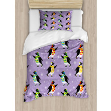 Penguins Skating Snowflakes Duvet Cover Set