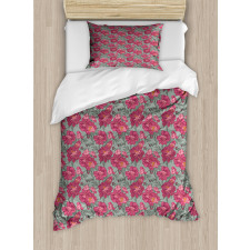 Budding Peony Flowers Leaves Duvet Cover Set