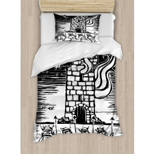 Woodcut Style Viking Tower Duvet Cover Set