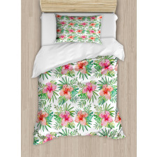 Hibiscus Monstera Palm Leaves Duvet Cover Set