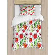 Scribbled Flowers and Leaves Duvet Cover Set