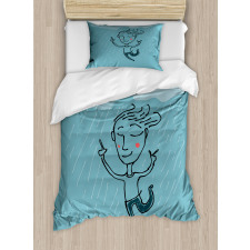 Hand Drawn Man Under the Rain Duvet Cover Set