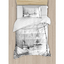 Black White Boat River Duvet Cover Set