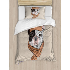 Hipster Bulldog with Cap Scarf Duvet Cover Set