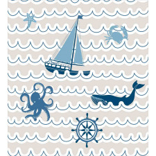 Cartoon Ship Whale Waves Duvet Cover Set