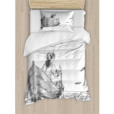 Fisherman on Boat Sketch Duvet Cover Set