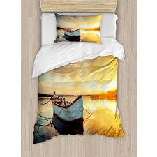 Sunset at Harbor Boat Duvet Cover Set