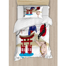 Japanese Woman and Building Duvet Cover Set