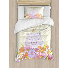 Happy Cat Bird Flowers Duvet Cover Set