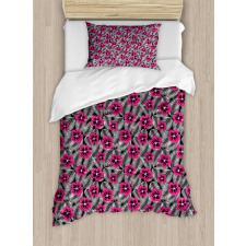 Pink Hibiscus Modern Leaf Duvet Cover Set