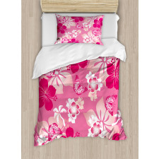 Pink Hibiscus Butterflies Duvet Cover Set