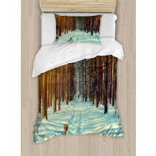 Skier Running Dog Forest Duvet Cover Set